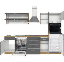 Küchenzeile mit Spüle, Geschirrspüler, Herd, Backofen, Kühlschrank und Dunstabzugshaube