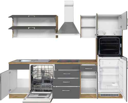 Küchenzeile mit Spüle, Geschirrspüler, Herd, Backofen, Kühlschrank und Dunstabzugshaube