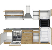 Cuisine complète avec évier, lave-vaisselle, cuisinière, four, réfrigérateur et hotte aspirante.