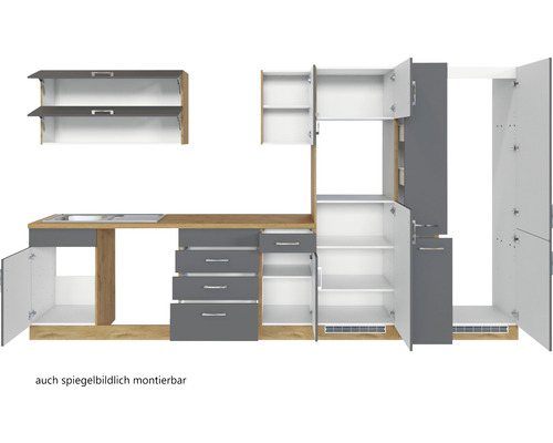 Küchenzeile mit Spüle, Schränken und Schubladen