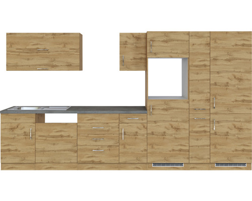 Küchenzeile mit Spüle und Hängeschränken in Holzoptik