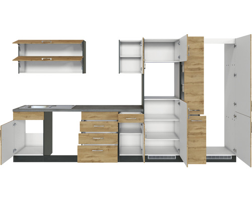 Küchenzeile mit Spüle, Schubladen und offenen Schränken