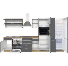 Komplette Küche mit Spülmaschine, Kühlschrank, Herd, Dunstabzugshaube und Spüle
