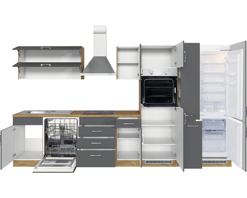 Komplette Küche mit Spülmaschine, Kühlschrank, Herd, Dunstabzugshaube und Spüle