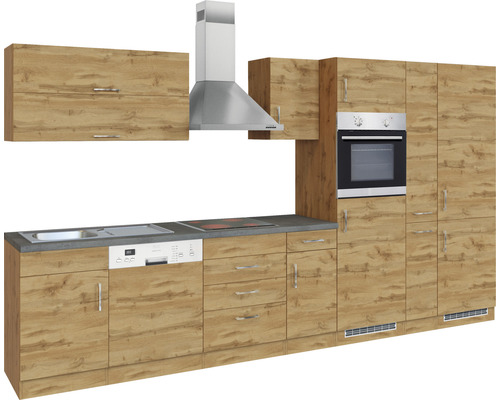 Komplette Küche mit Spüle, Geschirrspüler, Herd, Backofen, Dunstabzugshaube und Schränken