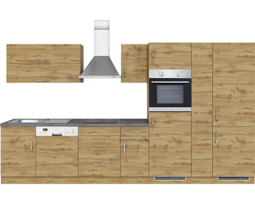 Küchenzeile mit Spüle, Geschirrspüler, Kochfeld, Dunstabzugshaube und Backofen