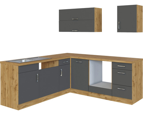 Küchenzeile mit Spüle, Unterschränken und Hängeschränken in Holzoptik und Grau