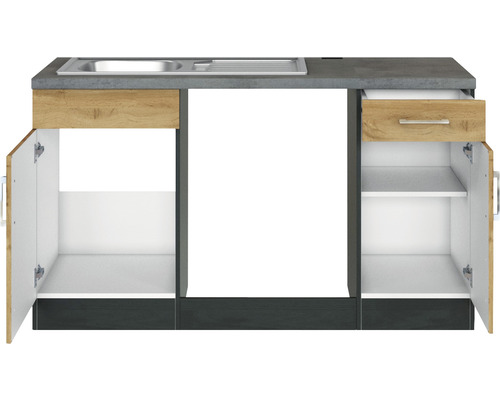 Küchenspüle mit Unterschrank, Schublade und offenen Türen