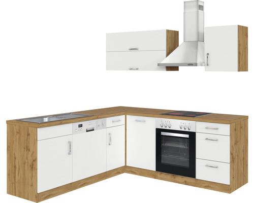 Küchenzeile mit Spüle, Geschirrspüler, Herd, Backofen und Dunstabzugshaube