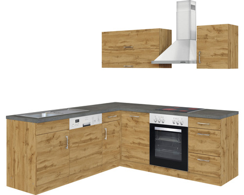 Küchenzeile mit Spüle, Geschirrspüler, Herd, Backofen, Dunstabzugshaube und Hängeschränken