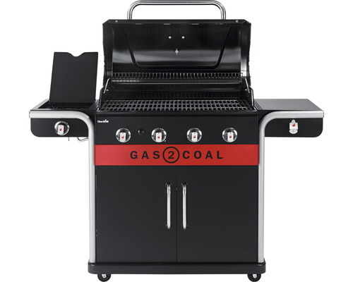 Barbecue à gaz Char-Broil Gas2Coal 440 barbecue hybride 155 x 62,9 x 116,8 cm 4 brûleurs + brûleur latéral noir avec tablette, thermomètre de couvercle, lèchefrite, grille, grille de maintien en température