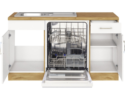 Küchenzeile mit Spüle, Geschirrspüler und Schrank