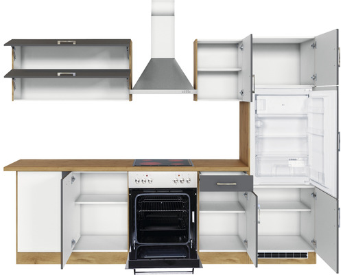 Küchenzeile mit Hängeschränken, Dunstabzugshaube, Herd, Backofen und Kühlschrank