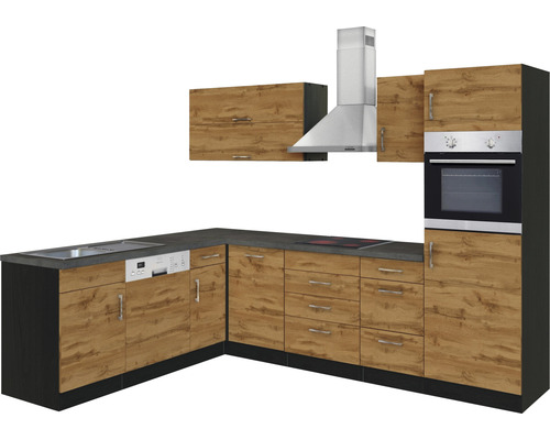 Cuisine moderne avec évier, lave-vaisselle, plaque de cuisson, four et hotte aspirante