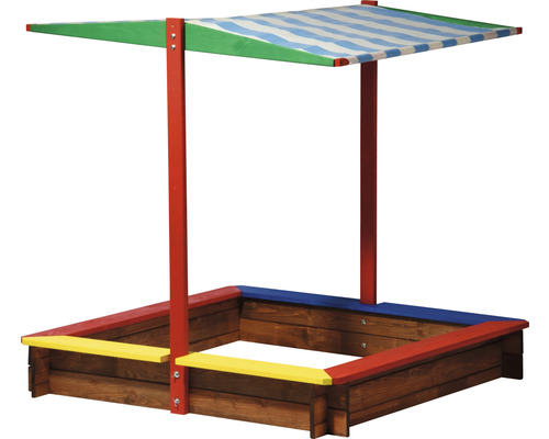 Quadratischer Sandkasten aus Holz mit blau-weiß gestreiftem Sonnensegel