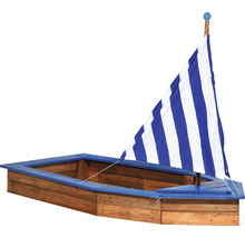 Bac à sable en forme de bateau avec voile rayée bleu et blanc