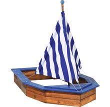 Bac à sable en forme de bateau avec voile rayée bleu et blanc
