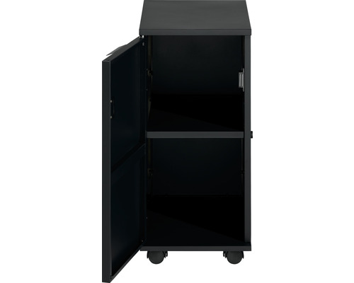 Schrank mit offener Tür, zwei Ablagen und Rollen