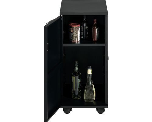 Schwarzer Outdoor-Schrank mit Regalen und Getränken