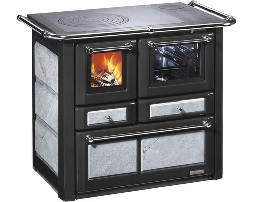 Cuisinière à combustible solide Westminster K85F gris four à droite avec zone de cuisson en plaques d'acier Cuisinière à bois avec plaque de cuisson, four et feu de bois