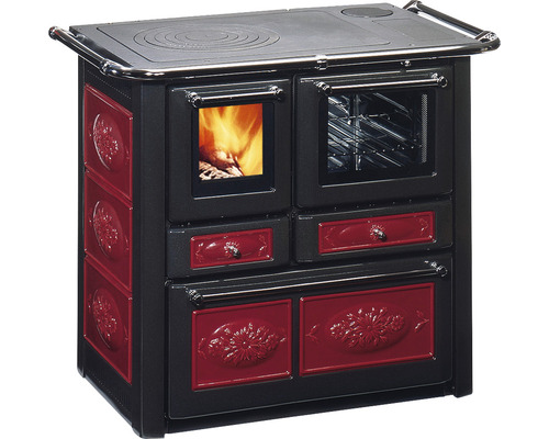 Cuisinière à combustible solide Westminster K85F bordeaux four à droite avec zone de cuisson en plaques d'acier Cuisinière à bois avec plaque de cuisson et four