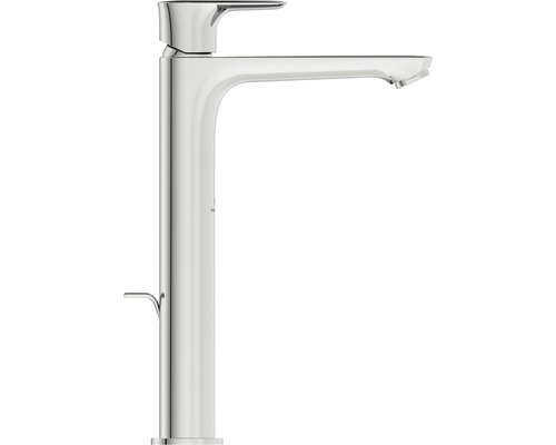 Hoher Waschtischmischer aus Metall.