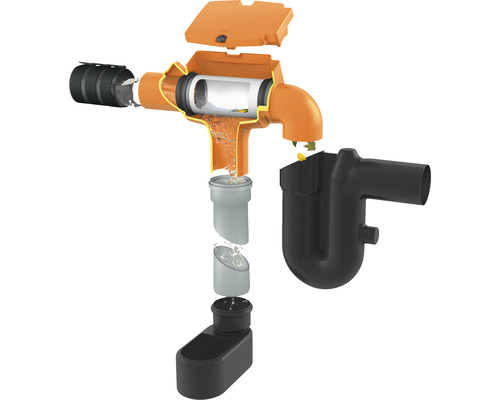 Explosionsdarstellung eines Regenwasserfilters mit Laubabscheider und Siphon