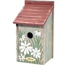 Vogelhaus aus Holz mit Blumenmuster und rotem Dach