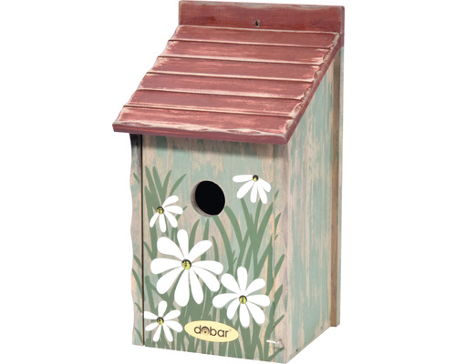 Vogelhaus aus Holz mit Blumenmuster und rotem Dach