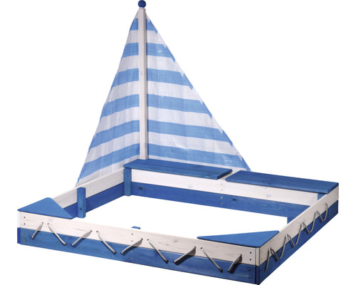 Bac à sable en forme de voilier avec voile rayée bleu et blanc