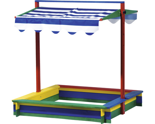 Sandkasten mit blau-weiss gestreifter Markise