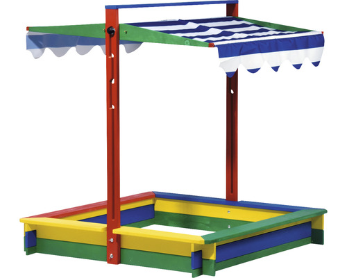 Quadratischer Sandkasten aus Holz mit Sonnenschutz