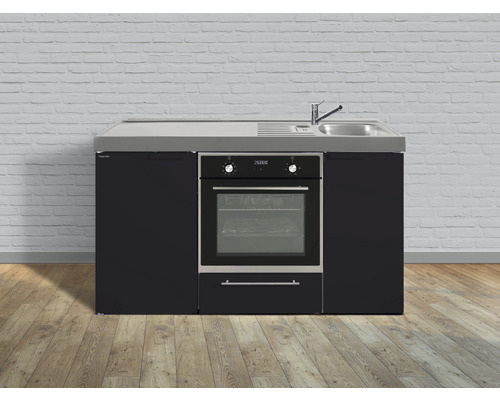 Cuisine de célibataire équipée Stengel-Küchen Kitchenline 150 cm façade noir mate, corps blanc variante à droite monté