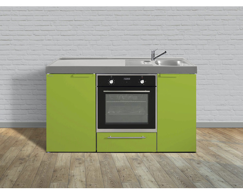 Cuisine de célibataire équipée Stengel-Küchen Kitchenline 150 cm façade vert brillante , corps blanc variante à droite monté