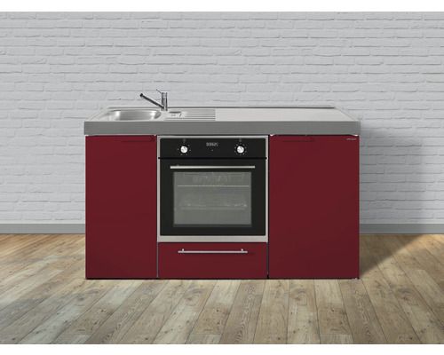 Cuisine de célibataire équipée Stengel-Küchen Kitchenline 150 cm façade rouge brillante , corps blanc variante à gauche