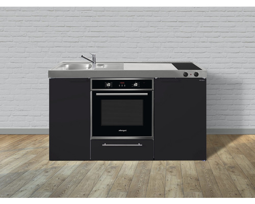 Cuisine de célibataire équipée Stengel-Küchen Kitchenline 150 cm façade noir mate, corps blanc variante à gauche monté