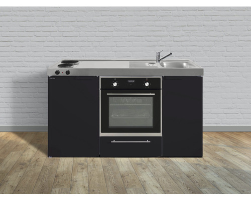 Cuisine de célibataire équipée Stengel-Küchen Kitchenline 150 cm façade noir mate, corps blanc variante à droite monté