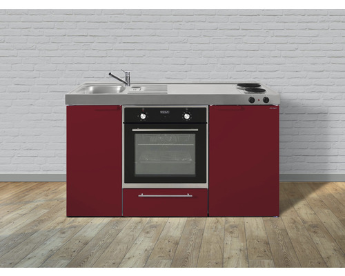 Cuisine de célibataire équipée Stengel-Küchen Kitchenline 150 cm façade rouge brillante , corps blanc variante à gauche