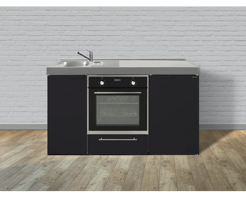 Cuisine de célibataire équipée Stengel-Küchen Kitchenline 150 cm façade noir mate, corps blanc variante à gauche monté