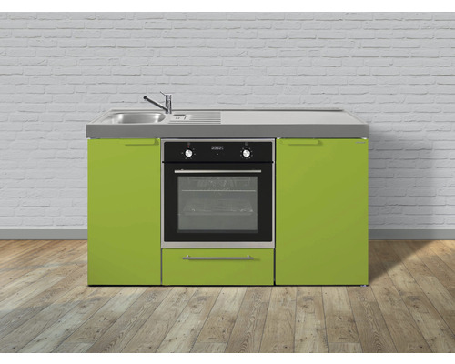 Cuisine de célibataire équipée Stengel-Küchen Kitchenline 150 cm façade vert brillante , corps blanc variante à gauche