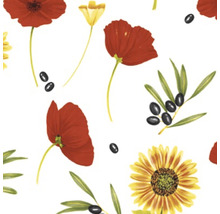 Motif floral avec des coquelicots, des tournesols et des branches d''olivier