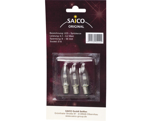 Packung mit drei LED Spitzkerzen E10 von Saico