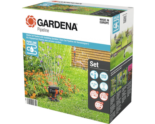 Starter-Set GARDENA Pipeline inkl. Viereckregner Verpackung des Gardena Pipeline Starter Sets mit Viereckregner