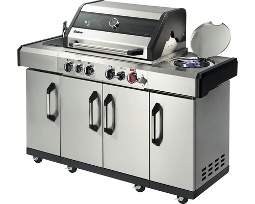 Cuisine de grill avec barbecue à gaz, réchaud latéral et modules d''armoire