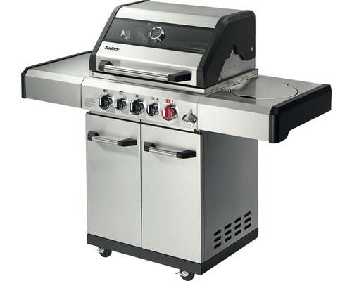 Barbecue à gaz avec quatre brûleurs, plaque de cuisson latérale et armoire basse