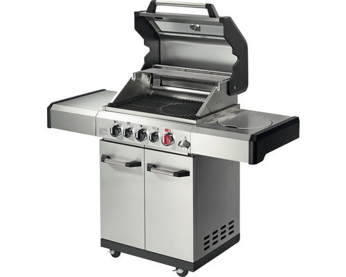 Barbecue à gaz en acier inoxydable avec couvercle ouvert et tables d''appoint