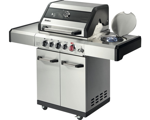 Grill à gaz en acier inoxydable avec quatre brûleurs, réchaud latéral et armoire basse