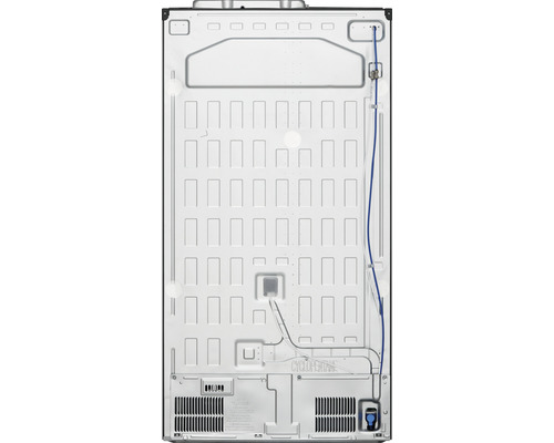 Rückansicht eines Kühlschranks mit Kühlleitungen und Kompressor.