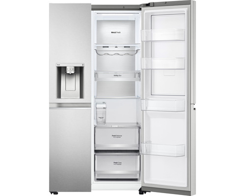 Geöffneter Side-by-Side Kühlschrank mit Wasserspender und verschiedenen Ablagefächern
