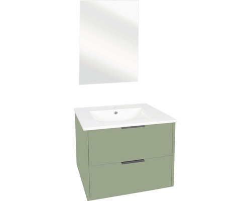 Set de meubles de salle de bains Differnz Bolo lxhxp 61 x 110 x 46 cm couleur de façade vert-de-gris set de meubles de salle de bains 3 pièces avec vasque céramique blanc et miroir vasque meuble bas